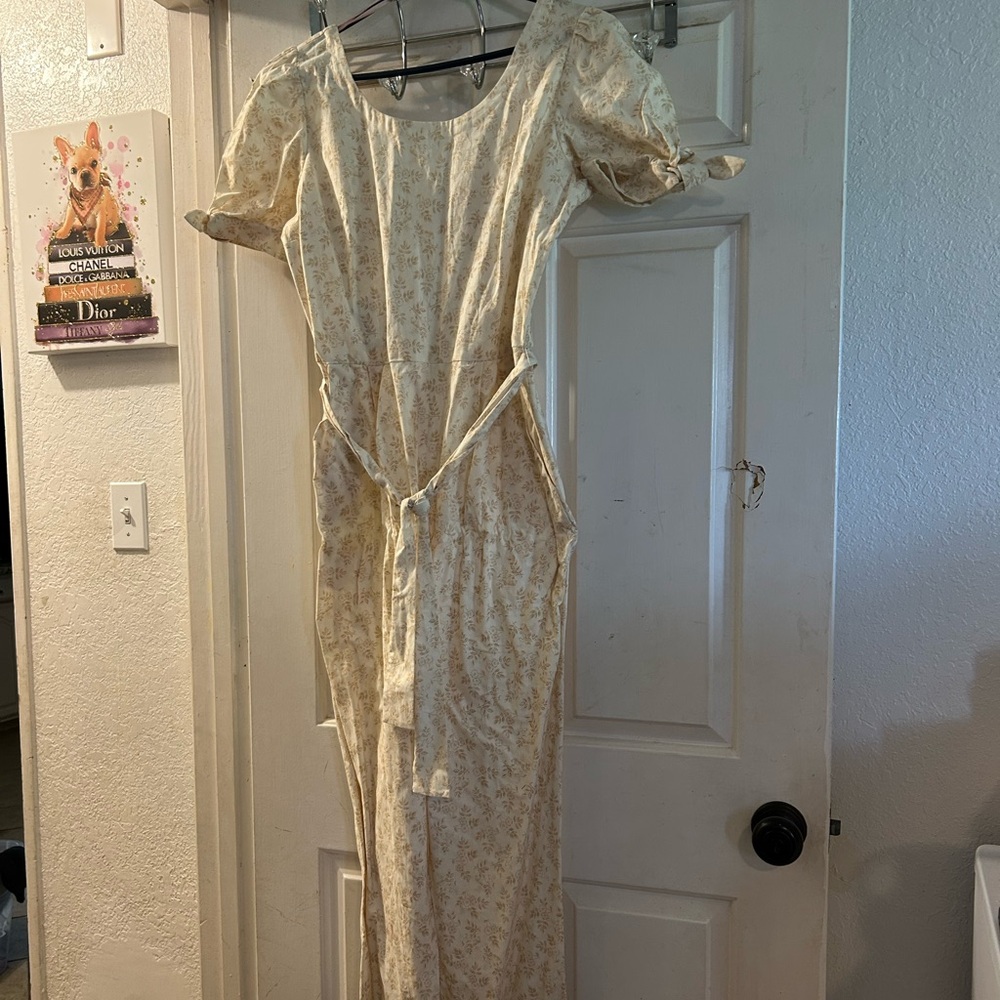 Anthropologie Cream Floral Jumpsuit with Tie Waist